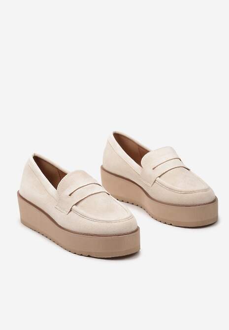 Beżowe Półbuty w Stylu Mokasynów z Imitacji Zamszu na Platformie Vhisper