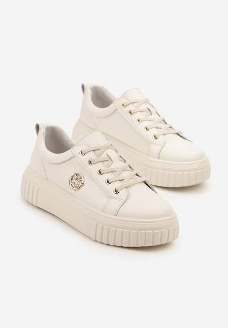 Beżowe Sneakersy na Platformie ze Skóry Naturalnej z Metaliczną Ozdobą Dolennea