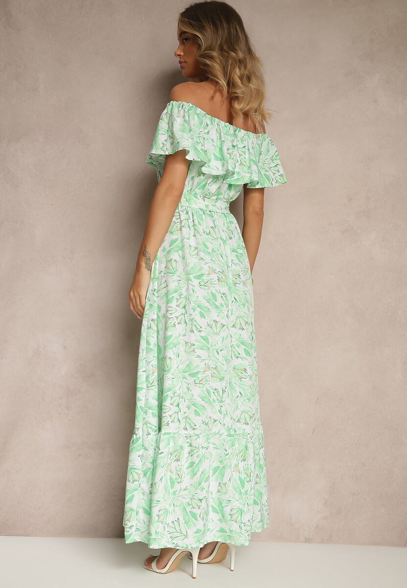 Zielona Kwiatowa Sukienka Typu Hiszpanka z Bawełną Tiarice