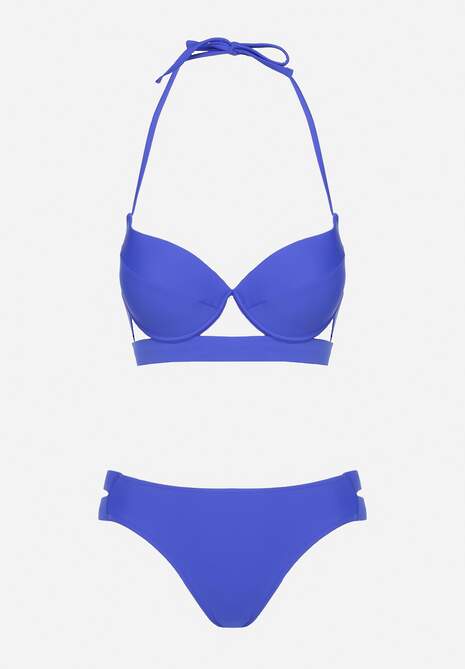 Niebieskie Bikini Majtki Figi z Wycięciami i Biustonosz z Ozdobnymi Paskami Kinalana