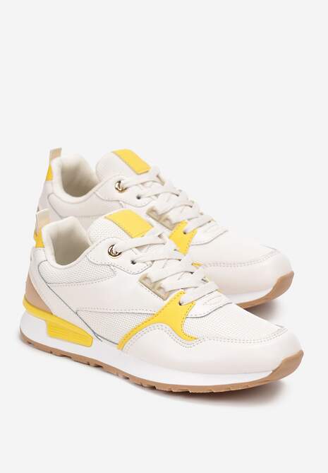 Biało-Żółte Sneakersy na Płaskiej Podeszwie z Ozdobnymi Wstawkami Laraet