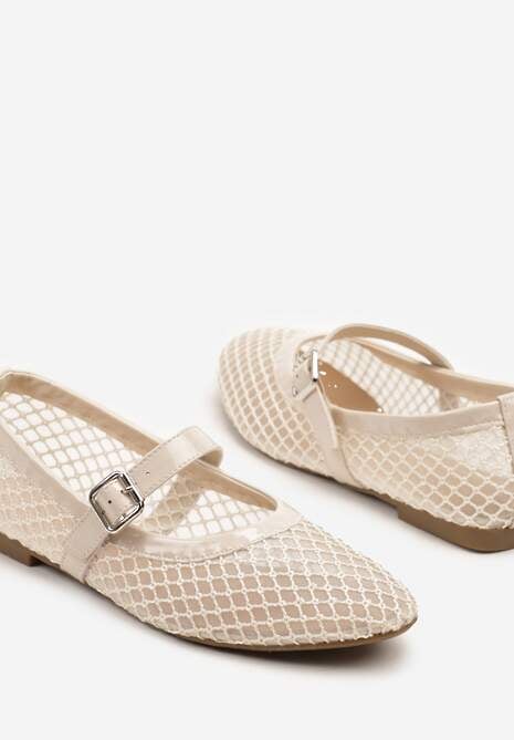 Beżowe Siateczkowe Balerinki w Stylu Mary Jane Annivira