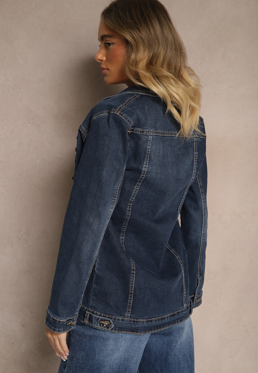 Granatowa Bawełniana Kurtka Jeansowa Rozpinana Okrea