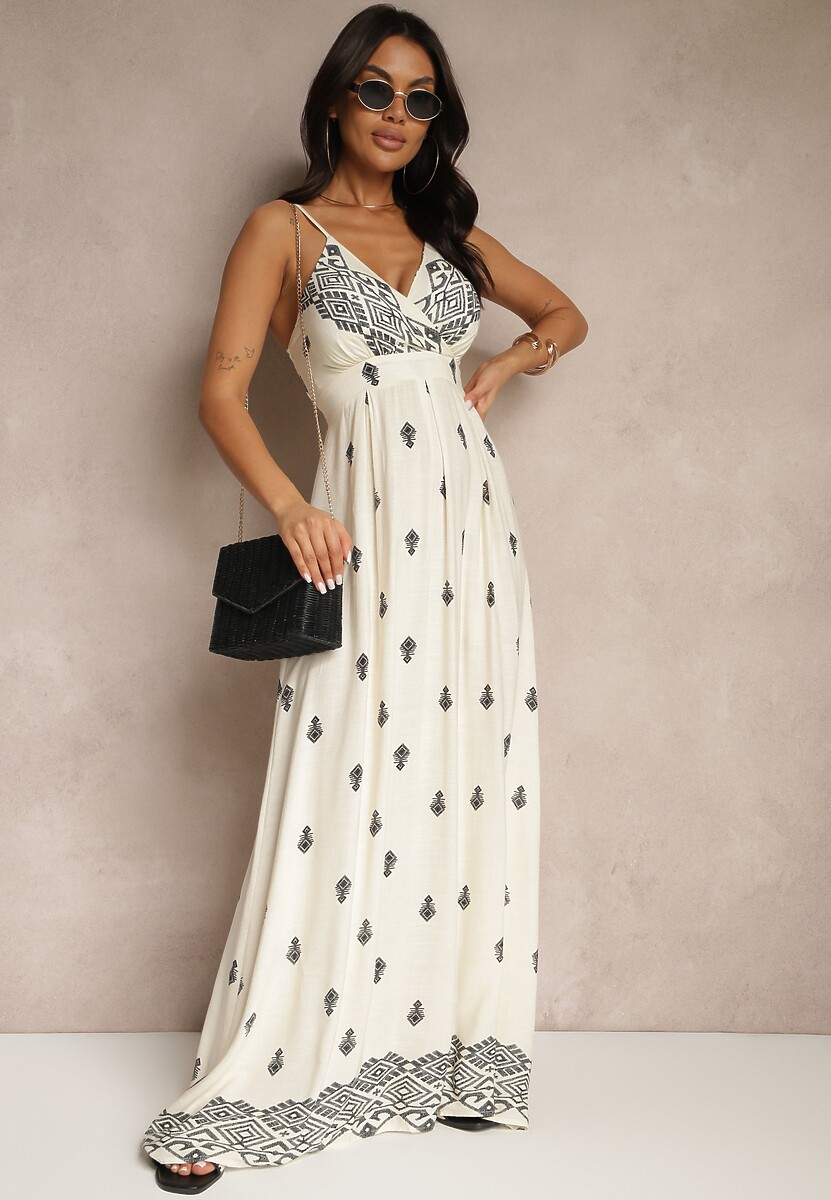 Kremowo-Czarna Kopertowa Sukienka na Ramiączkach z Bawełny z Wiązanym Paskiem Reveesia