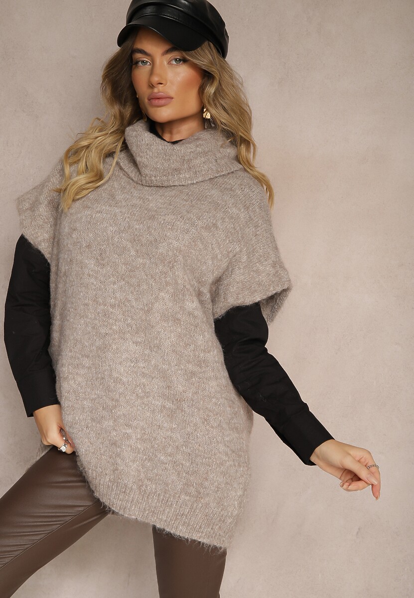 Ciemnobeżowy Golf z Krótkim Rękawem o Kroju Nietoperza Miadorae