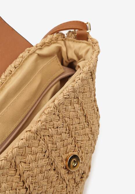 Ciemnobeżowa Mała Torebka Boho na Ramię z Połączenia Plecionki i Ekoskóry Virtha