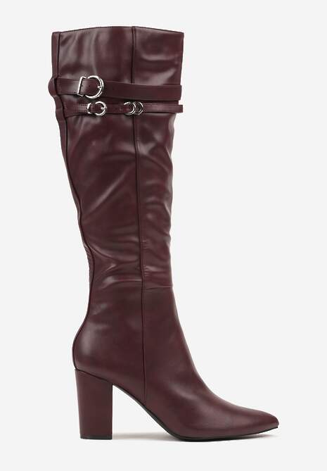 Bordowe Kozaki do Kolan na Słupkowym Obcasie ze Sprzączkami na Paskach Miobela