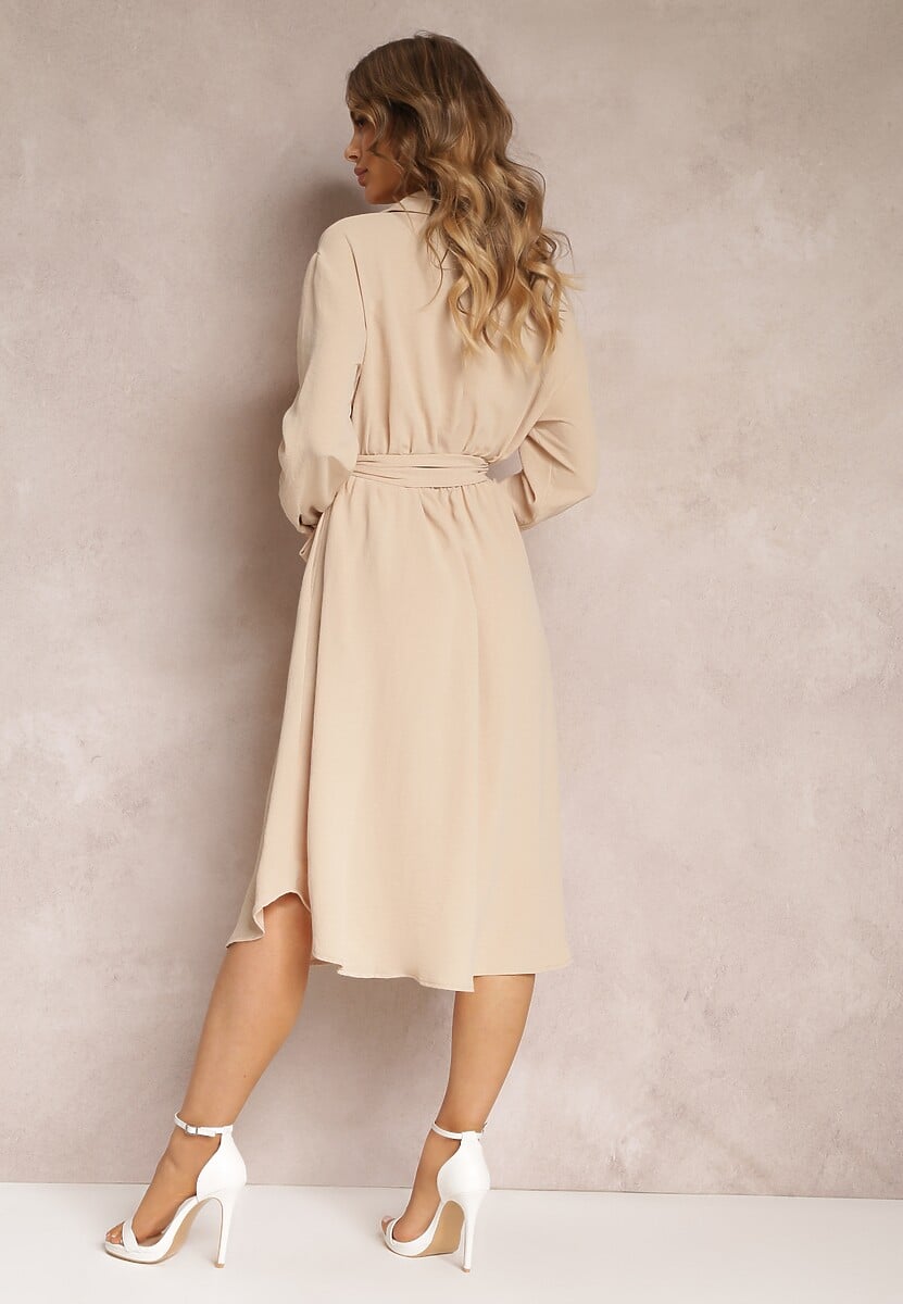 Beżowa Sukienka Midi z Kołnierzykiem i Materiałowym Paskiem Rasik