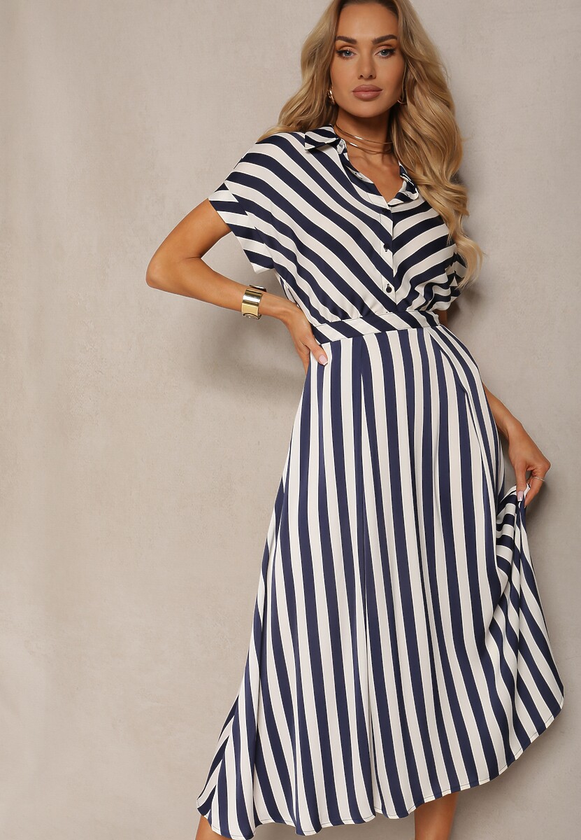Biało-Granatowa Rozkloszowana Sukienka z Gumką w Talii i Guzikami z Printem w Paski Jentia
