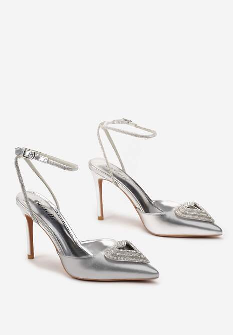 Srebrne Sandały na Szpilce z Noskiem w Szpic Ozdobione Sercem z Cyrkonii Dybala