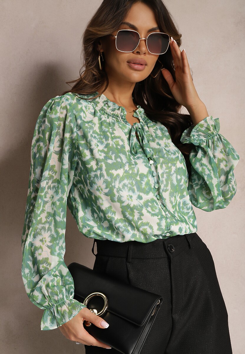 Pomarańczowa Koszula w Kwiaty z Falbanką przy Dekolcie i Rękawach Navy