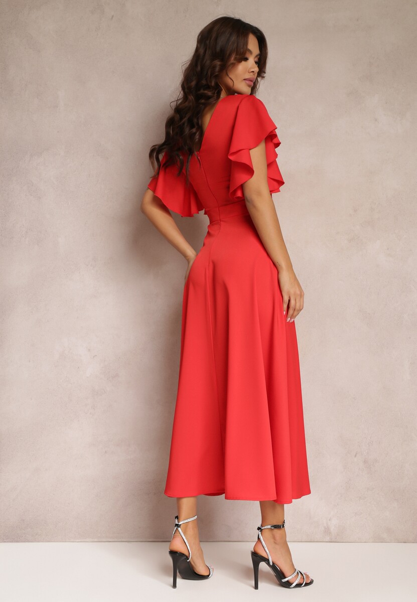 Czerwona Sukienka o Rozkloszowanym Kroju z Falbanami Bouchard