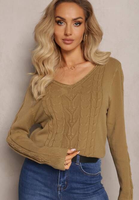 Jasnozielony Sweter ze Splotem w Warkocze i Dekoltem V Khara