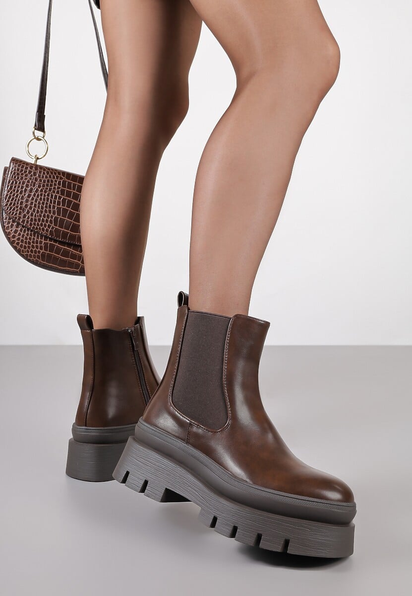 Brązowe Casualowe Botki Typu Sztyblety na Tłoczonej Platformie Riadira