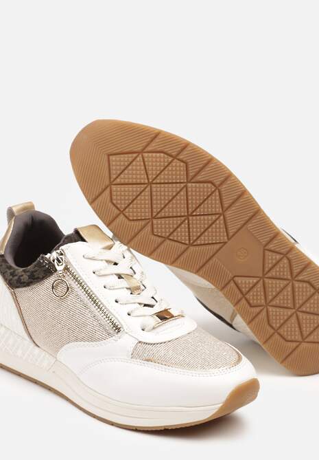 Beżowo-Złote Sneakersy z Wkładką ze Skóry Naturalnej Zdobione Suwakiem Fihanor