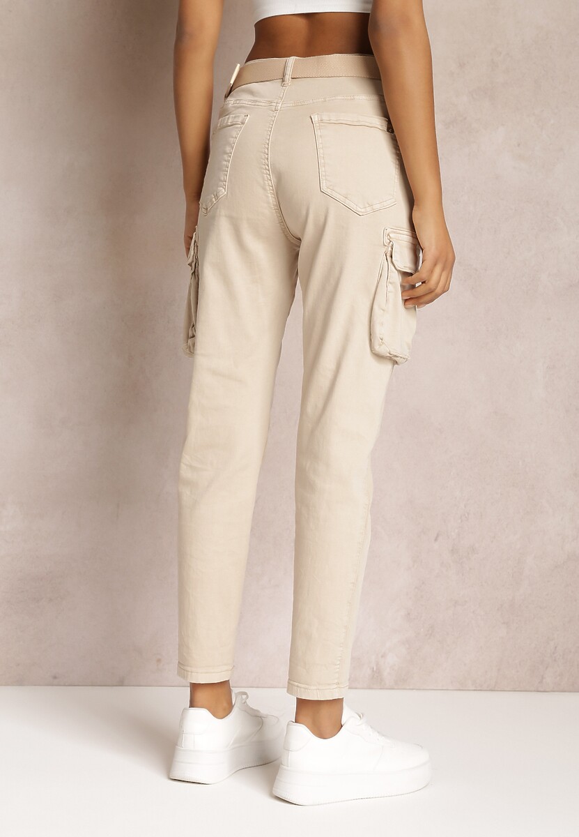 Beżowe Spodnie Cargo z Paskiem z Klamrą w Komplecie Elinata