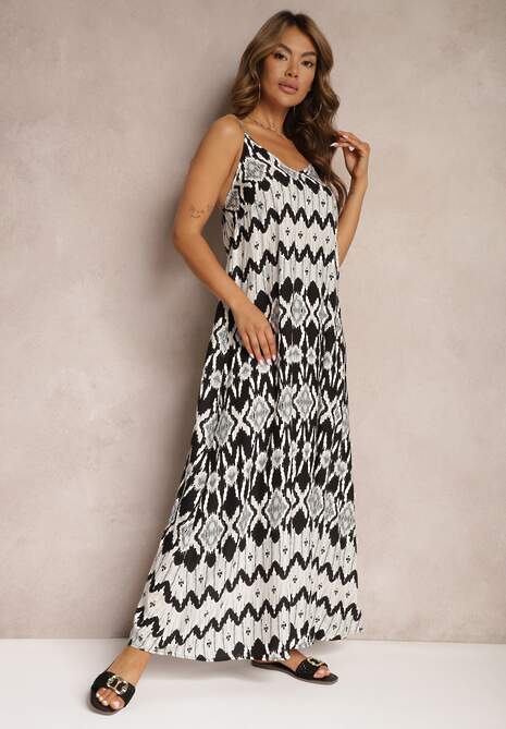Czarno-Biała Sukienka z Wiskozy na Ramiączkach o Rozkloszowanym Kroju i Geometrycznym Wzorze Xervidia