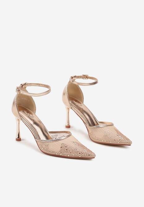 Szampańskie Sandały Szpilki z Siateczkowym Noskiem w Szpic Zdobionym Cyrkoniami Alirenda