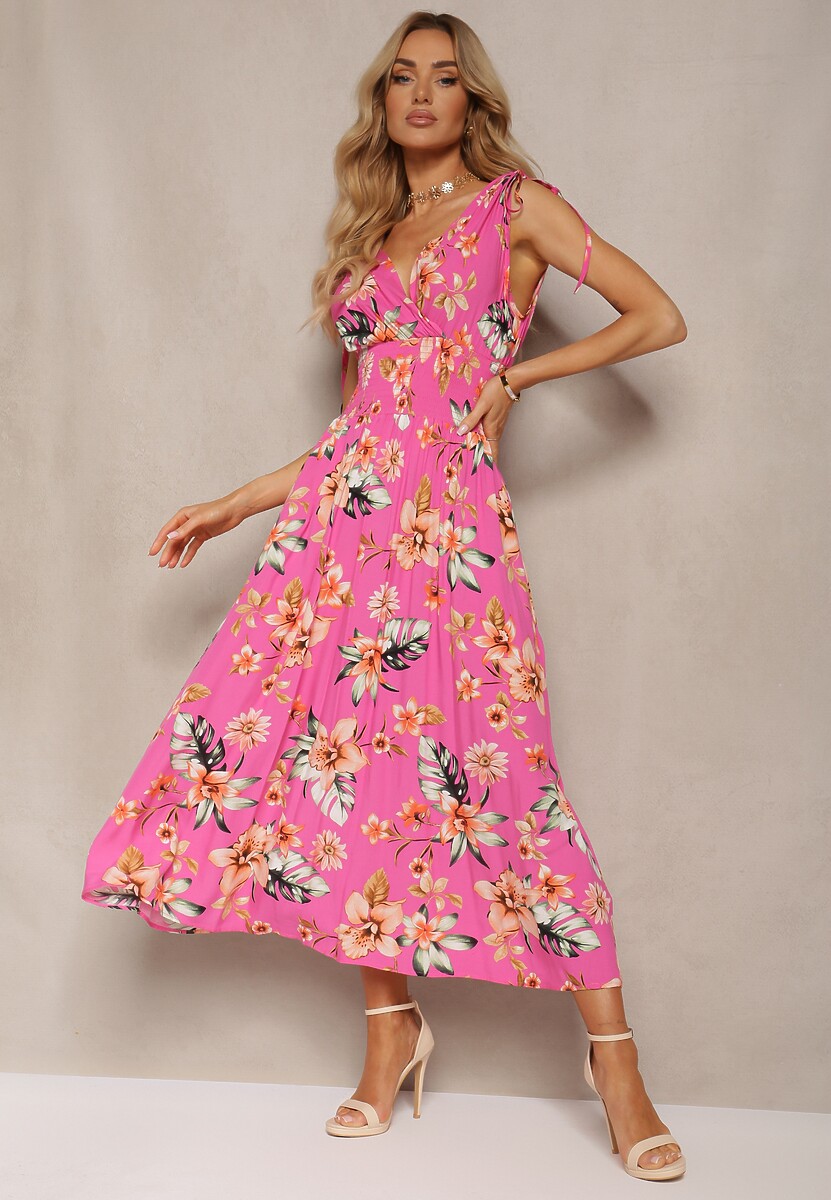 Różowa Kwiecista Sukienka z Gumką w Talii i Trójkątnym Dekoltem ze Ściągaczami Taseria