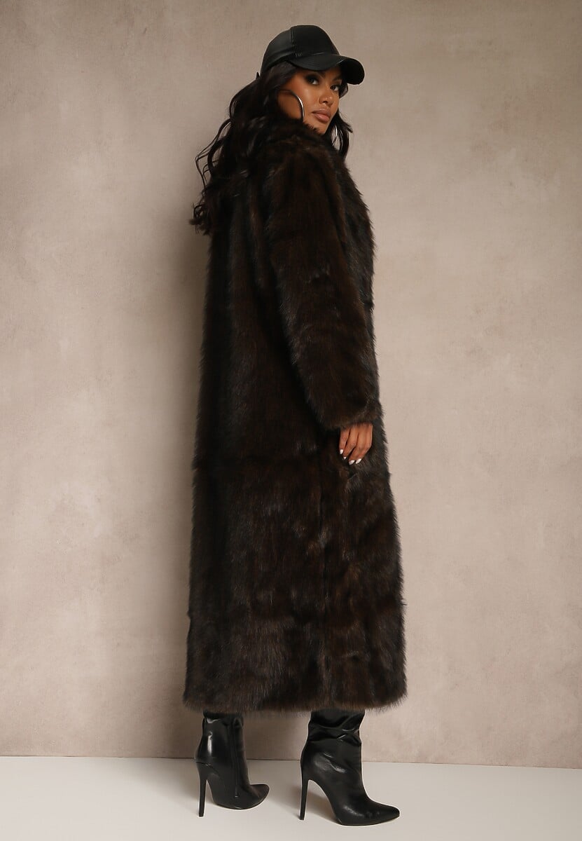 Brązowy Płaszcz Futerko o Długim Kroju Ozdobiony Kołnierzem Cannesa