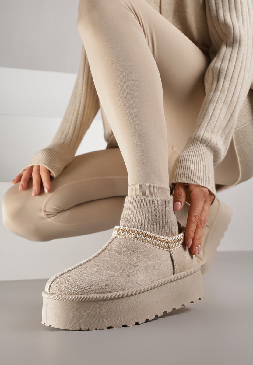 Brązowe Śniegowce VICES na Platformie ze Skarpetkową Cholewką i Haftem Ebentia