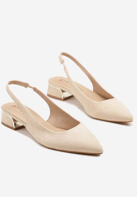 Beżowe Sandały Typu Slingback ze Skórzaną Wkładką i Metaliczną Wstawką Wevessa