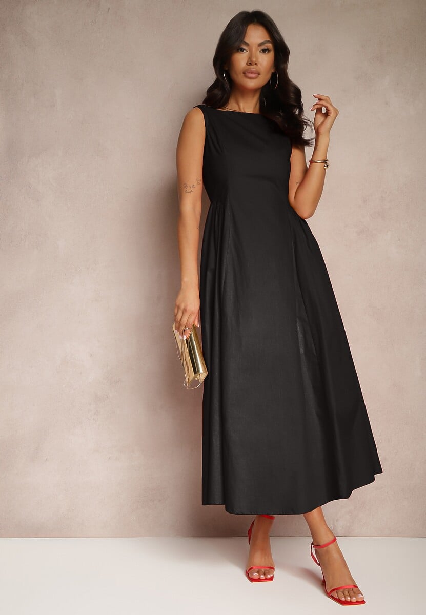 Czarna Rozkloszowana Sukienka Koktajlowa z Bawełny z Dekoltem Łódką i Kieszeniami Fanilra