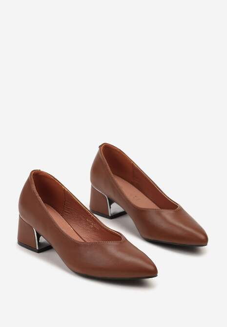 Brązowe Czółenka Vices na Słupku z Wkładką ze Skóry Naturalnej z Metaliczną Ozdobą Mixin