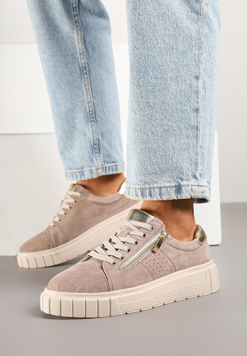 Niebieskie Sneakersy Skórzane na Platformie z Ozdobnym Suwakiem i Perforacją Niliria