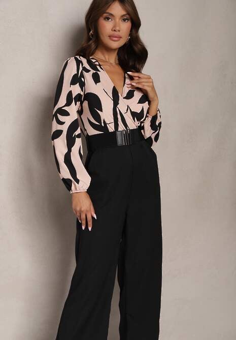 Czarno-Różowy Długi Kombinezon z Kontrastową Górą i Pasem w Talii Bintia