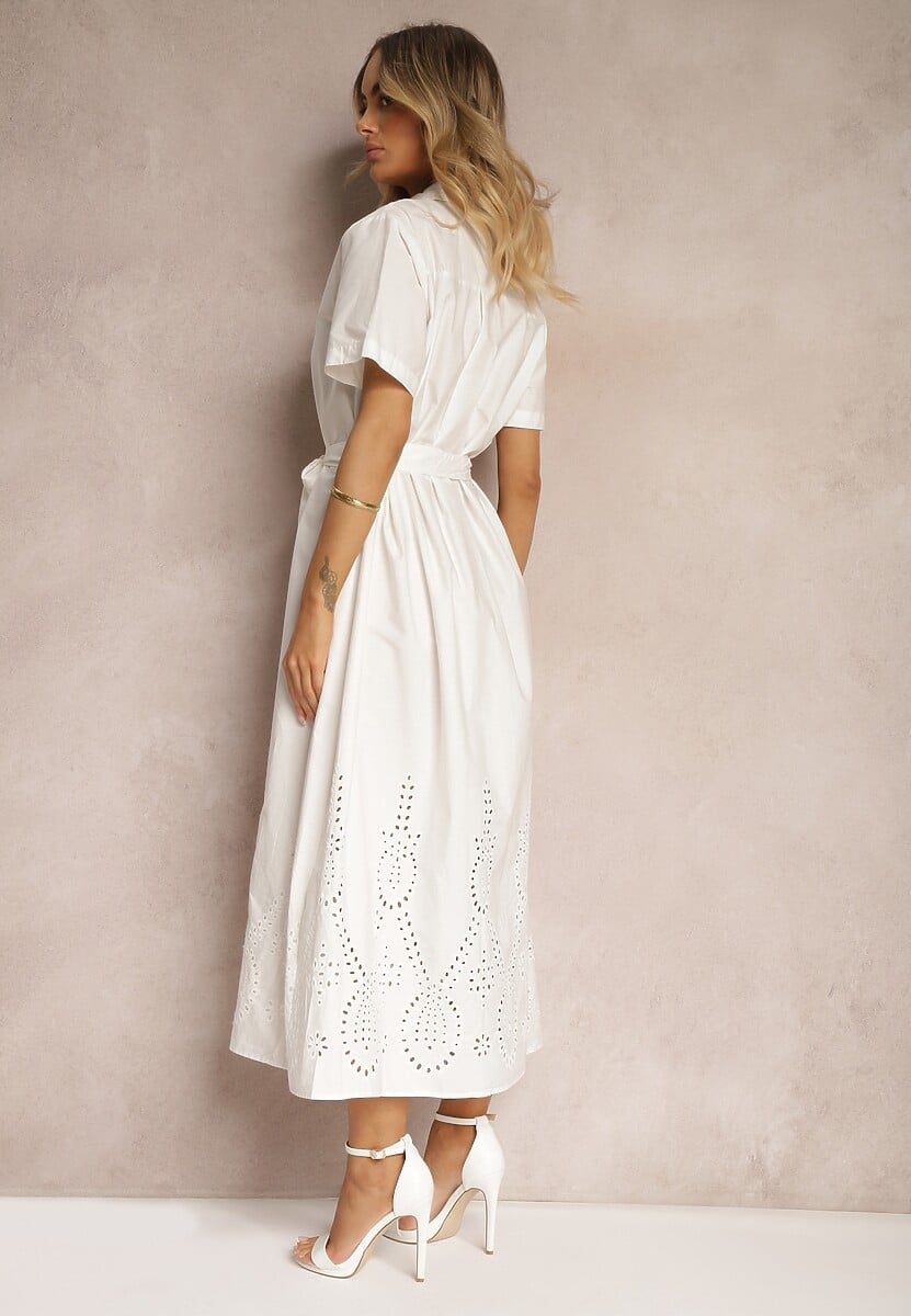 Biała Bawełniana Sukienka o Ażurowym Wykończeniu z Paskiem w Talii Zapinana na Guziki Dimosha