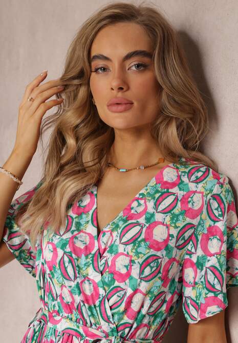 Różowa Sukienka z Wiskozy i Kopertowym Dekoltem w Fantazyjny Print Abai