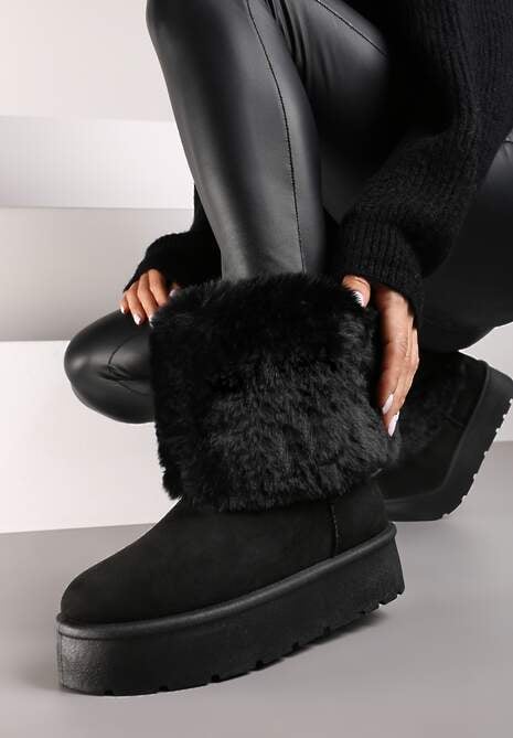 Czarne Śniegowce na Grubej Podeszwie Ozdobione Futerkiem Naolani