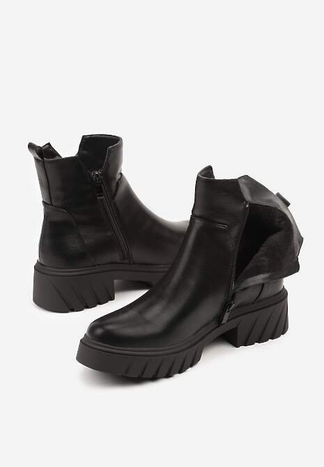 Czarne Botki do Kostki z Suwakiem na Grubej Podeszwie z Tłoczeniami Redvira