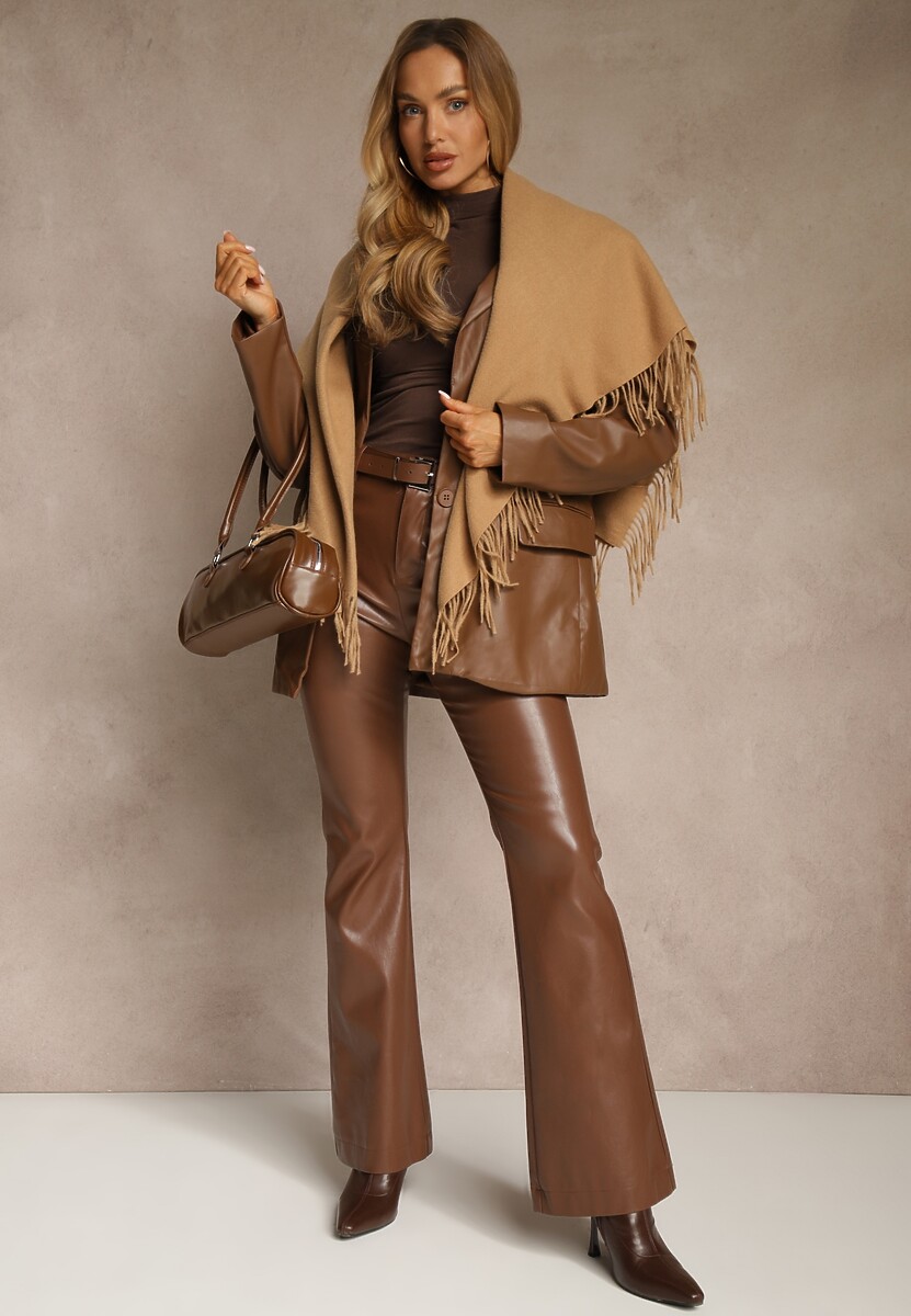 Brązowy Bawełniano-Wiskozowy Szalik w Kształcie Trójkąta z Frędzlami Vetisara