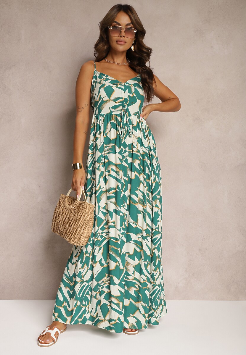 Zielono-Biała Wiskozowa Sukienka na Ramiączkach o Taliowanym Kroju Athelea