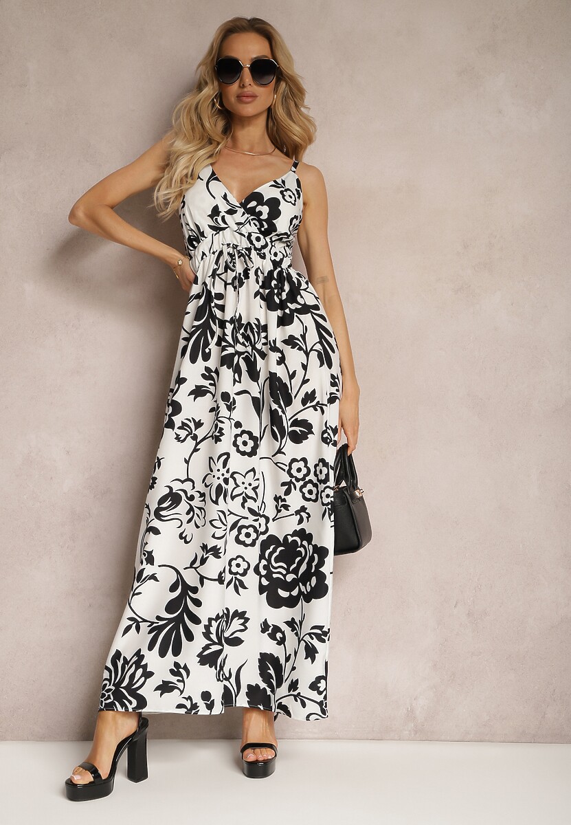 Czarno-Biała Sukienka z Gumkami na Plecach Ściągana w Talii z Regulowanymi Ramiączkami Falora