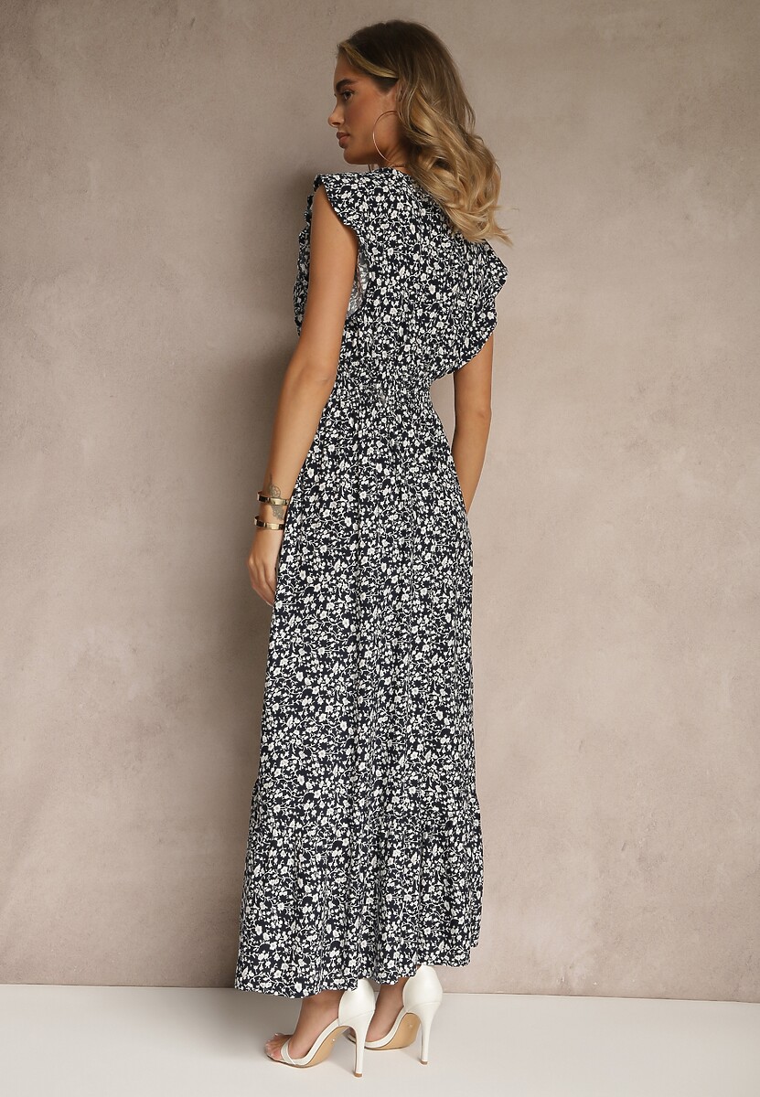 Granatowa Rozkloszowana Sukienka Zdobiona Falbanami i Kwiatowym Printem Aravee