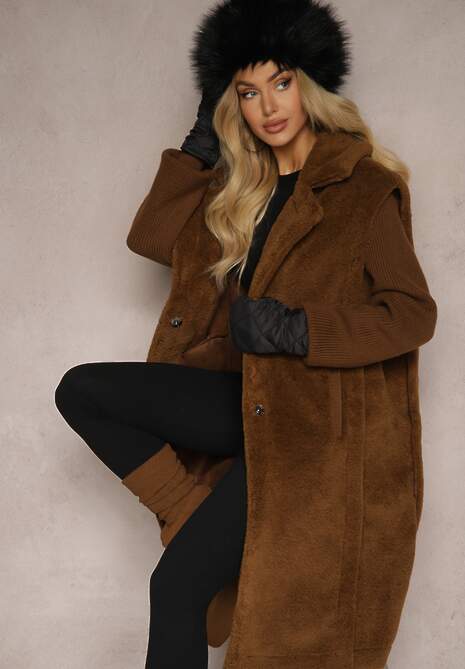 Brązowy Płaszcz Futerko z Rękawami z Dzianiny Ravileth