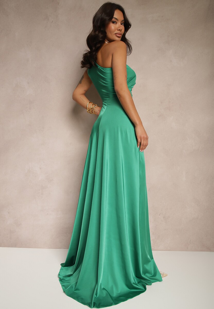 Zielona Marszczona Sukienka o Asymetrycznym Kroju z Rozcięciem Taliona