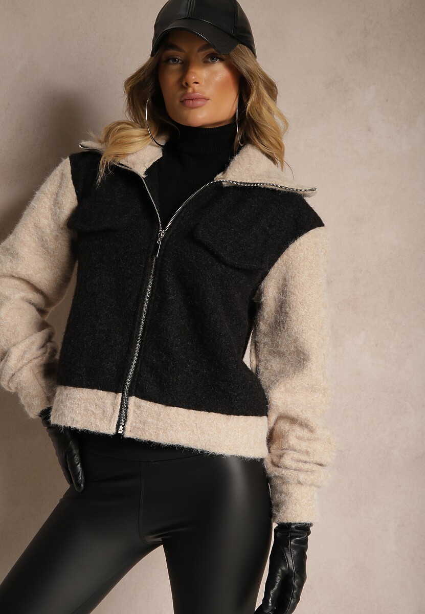 Czarna Przejściowa Kurtka Boucle z Wysokim Kołnierzem i Imitacją Kieszeni Lilarra