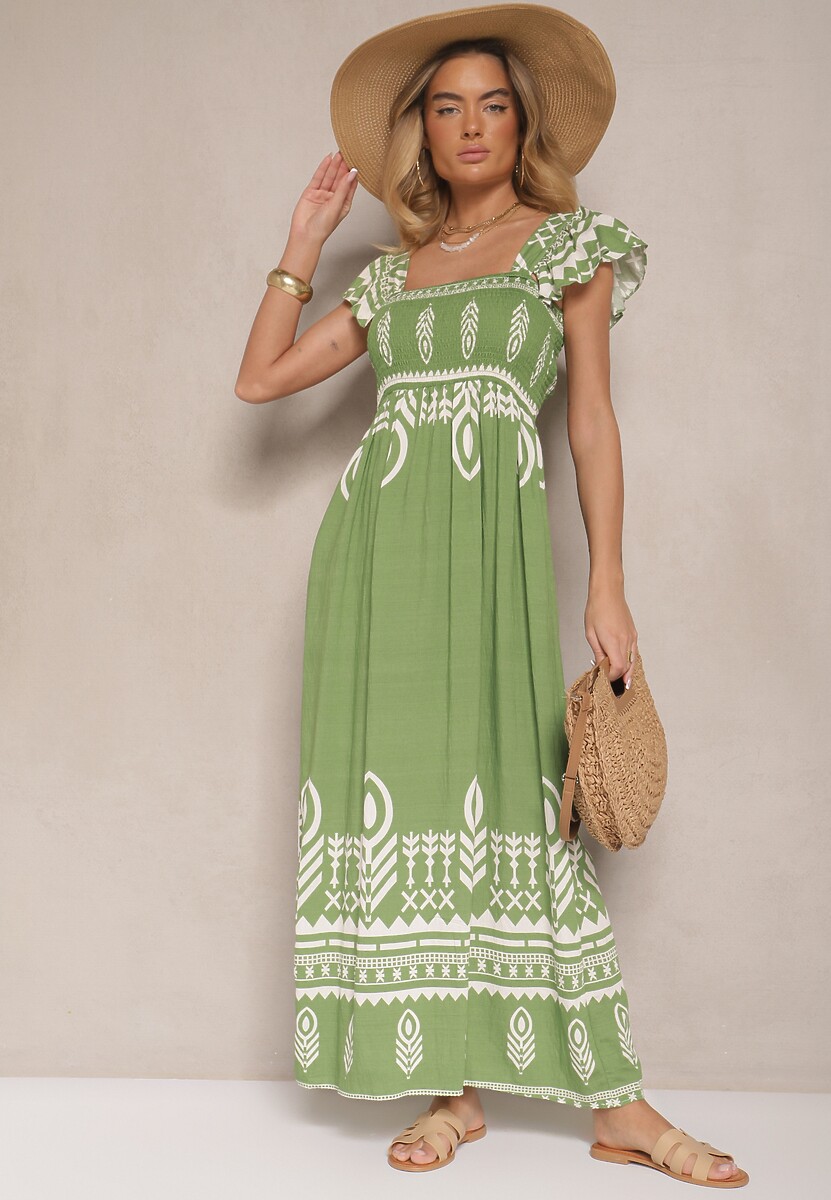 Zielona Wiskozowa Sukienka Rozkloszowana w Ornamentalny Wzór Lisaretia