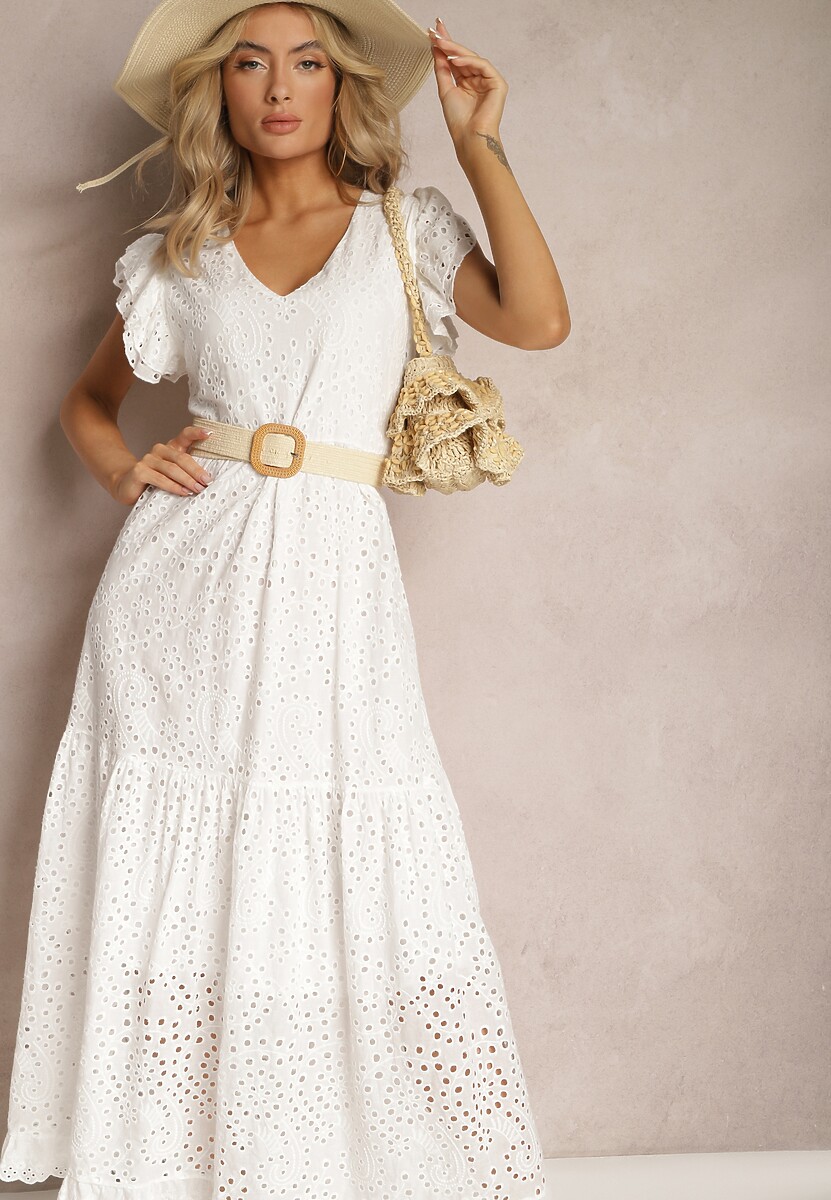 Biała Rozkloszowana Sukienka Bawełniana Maxi z Ażurowym Haftem i Falbankami Reflecia