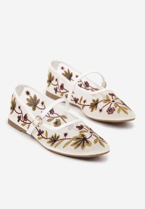 Białe Balerinki z Siateczki w Stylu Mary Jane Zdobione Kwiatowym Haftem Nitelissa
