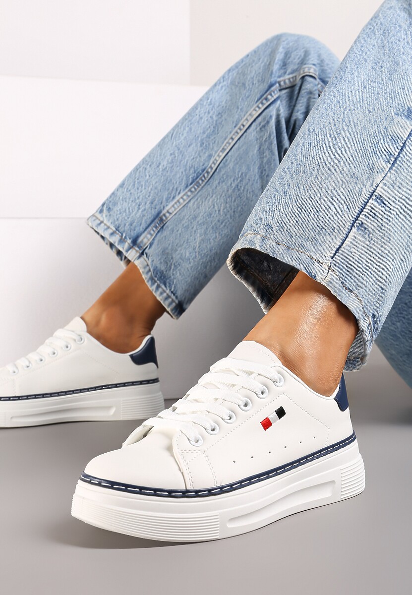 Biało-Czarne Sznurowane Sneakersy na Płaskiej Podeszwie z Lamówką Fedat