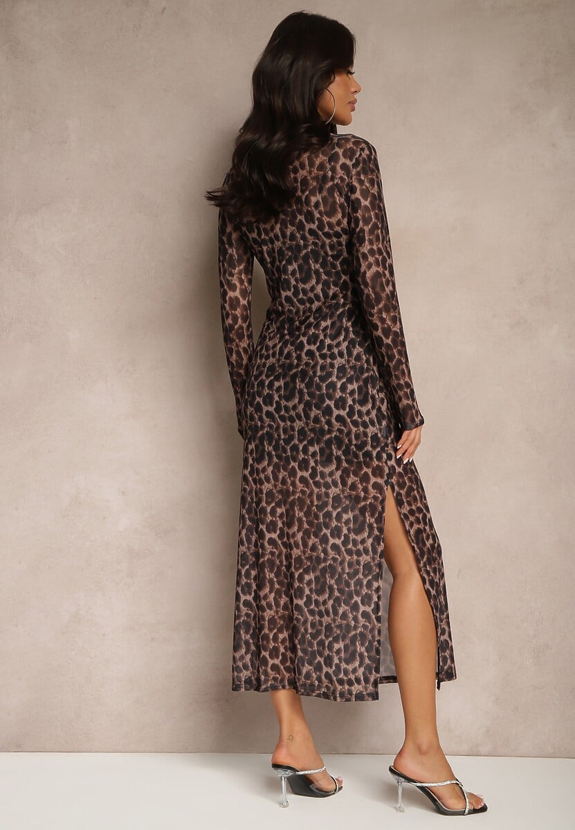 Brązowa Panterkowa Sukienka Siateczkowa z Wiskozą o Dopasowanym Kroju Nalandra