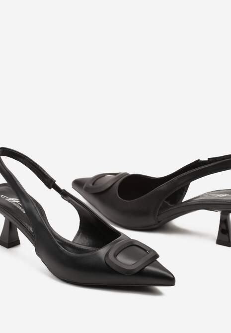 Czarne Sandały na Szpilce Kaczuszce Slingback z Geometryczną Aplikacją Melanoriel