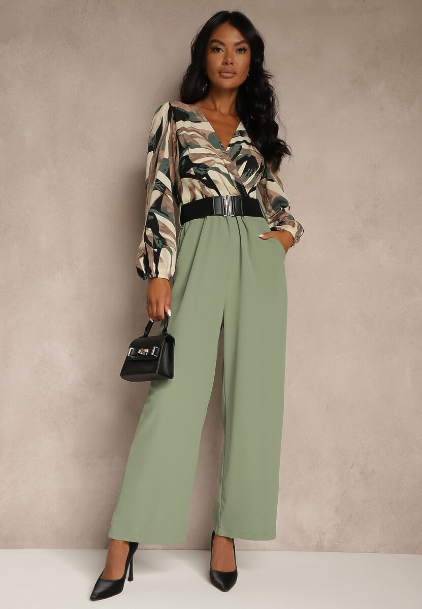 Beżowy Kopertowy Kombinezon z Paskiem i Szerokimi Spodniami Nittama