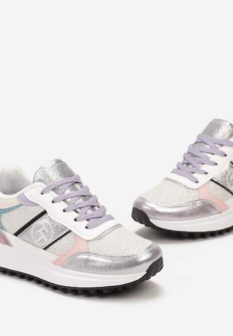 Biało-Srebrne Sznurowane Sneakersy z Brokatem i Siateczką na Grubej Podeszwie Leviria