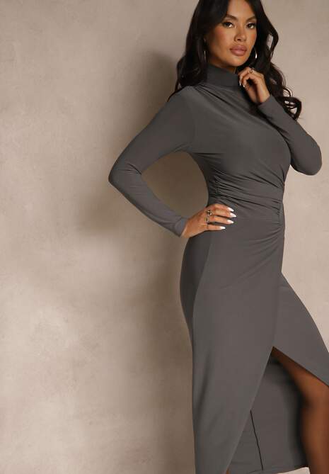 Ciemnoszara Koktajlowa Sukienka Półgolf Ozdobiona Marszczeniami Emivelleth